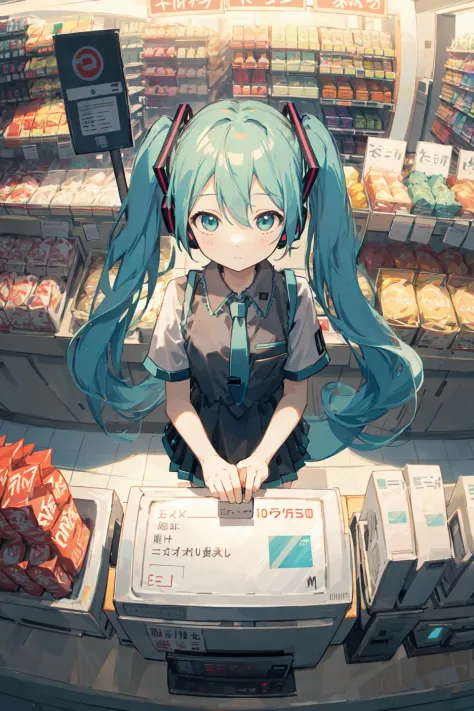 indoors, convenience store
girl, hatsune miku
pov, from above
holding a small black box, checkout, counter, cashier screen