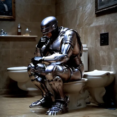 solo 4k wide bathroom interior (full-body photo) of the thinker statue by rodin, chubby robocop <lora:hjocprobocop_v10xl:1.1> (s...