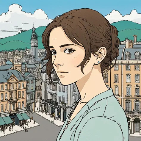 Studio ghibli style illustration of the face of a woman looking at the viewer with a victorian city square in the background, emxwtsn,   <lora:emwatson_juggerX_xl_2_standard_wocap-emxwtsn-000089:1>