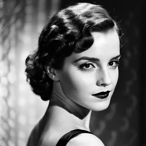 (Skin texture),High quality closeup black and white  portrait photograph of a 1930s film noir actress in the spotlight, glamour, old hollywood charm,  emxwtsn,  <lora:emwatson_juggerX_xl_2_standard_wocap-emxwtsn-000089:1>