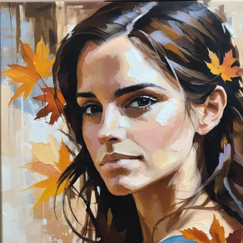 (Abstract) sketch of a woman in the fall season, oil on canvas, , emxwtsn,   <lora:emwatson_juggerX_xl_2_standard_wocap-emxwtsn-000089:1.0>