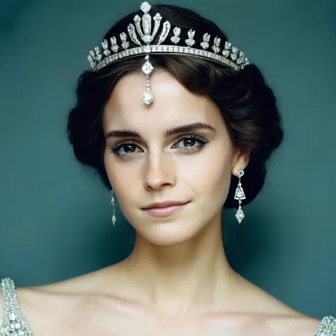 (Skin texture),High qualitycloseup face portrait photo, analog, film grain, actress dressed as a medieval queen with a delicate diamond tiara,regal, emxwtsn,   <lora:emwatson_juggerX_xl_2_standard_wocap-emxwtsn-000089:1>