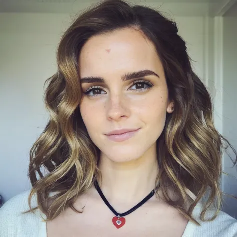 Looking straight at the camera, Film grain, skin texture, Instagram closeup selfie of a woman with beautiful wavy hair wearing a heart necklace,f/1.8,wearing a tutleneck shirt, , emxwtsn,   <lora:emwatson_juggerX_xl_2_standard_wocap-emxwtsn-000089:1.0>