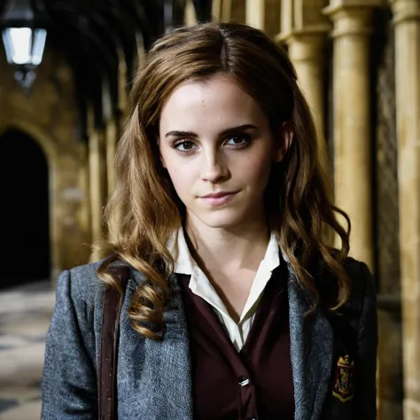 (Skin texture),High quality,Closeup face portrait photo, an actress dressed as adult Hermione Granger ,old Hogwarts hallway in t...