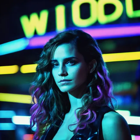 a woman with long hair and a black dress standing in front of a neon sign