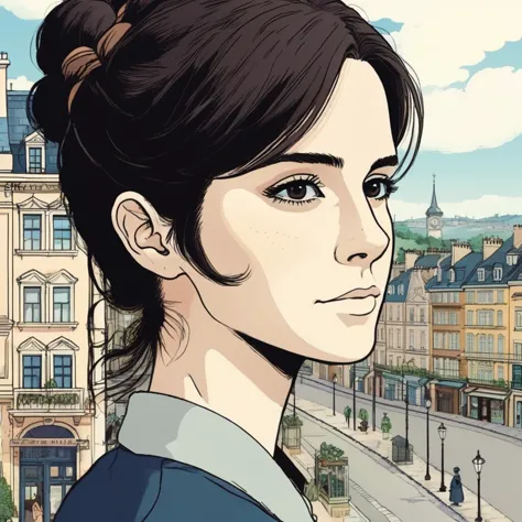 a woman with a ponytail in a city with buildings and a sky background