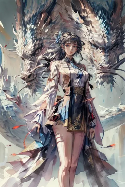 a woman in a dress and wings standing next to a dragon