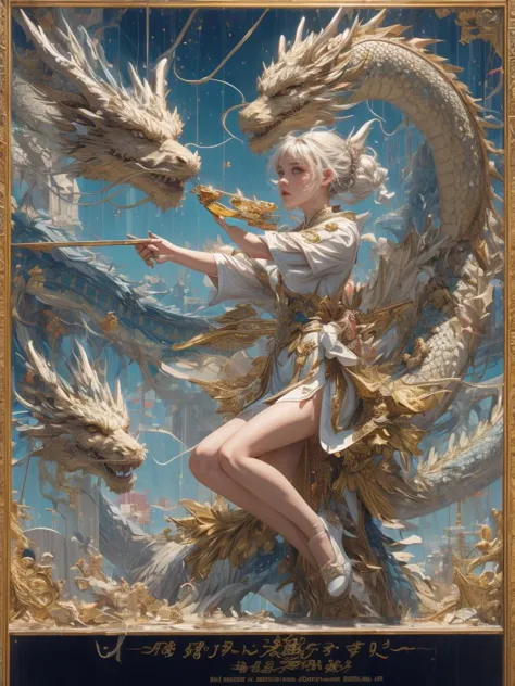 a painting of a woman holding a dragon in front of a sky