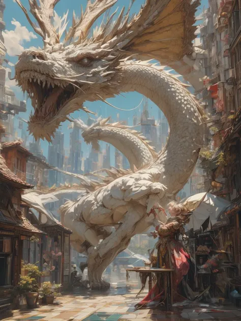 a painting of a dragon is in the middle of a city