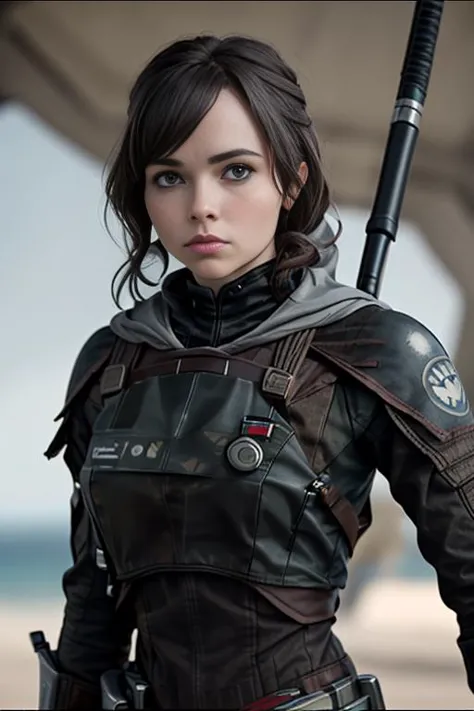 a medium closeup movie still from (rogue one a star wars story) of (eliselastnamesd15:1.2 wearing a rebel alliance fighter's out...