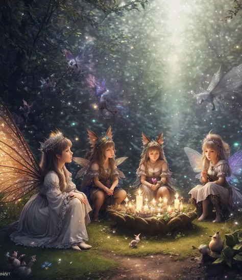 (papel de parede extremamente detalhado da unidade CG 8k), (obra de arte), (melhor qualidade), (realista),
(variedade fofa de animais de fantasia) sentado ao lado de (fadas:1.3) in a dark enchanted forest
epic realista, foto, desaparecido, coisas complexas ao redor, fundo intrincado, ((HDR)), ((cores suaves)), cena complexa, estação de arte, detalhes intrincados, vinheta, luar