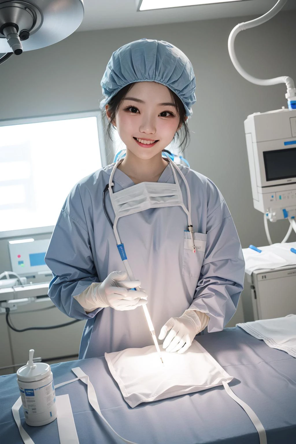 Arafed female surgeon in operating gown and surgical mask preparing to ...