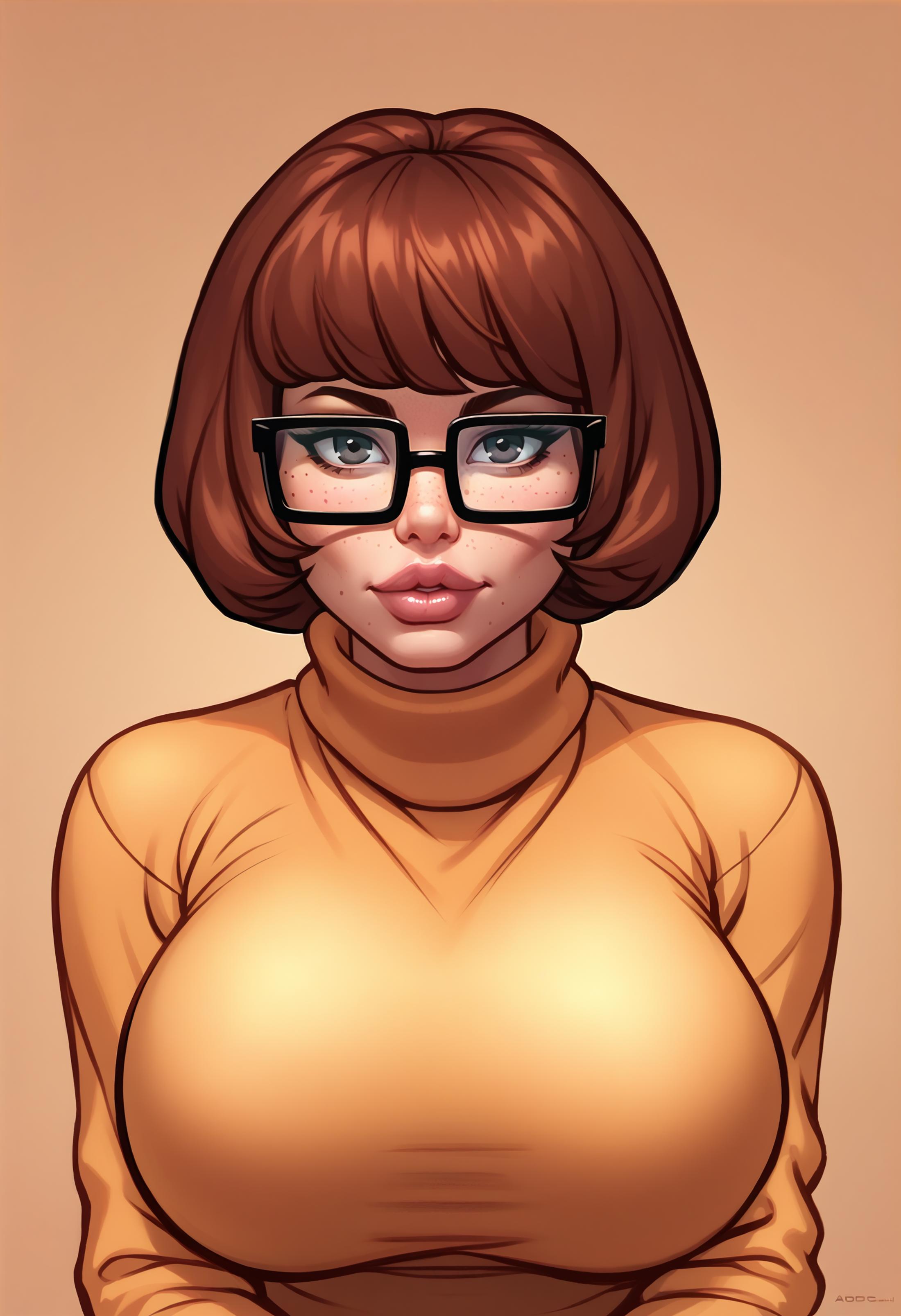 Sexy Velma from Scooby Doo with big boobs and square glasses wearing a  tight ora - SeaArt AI