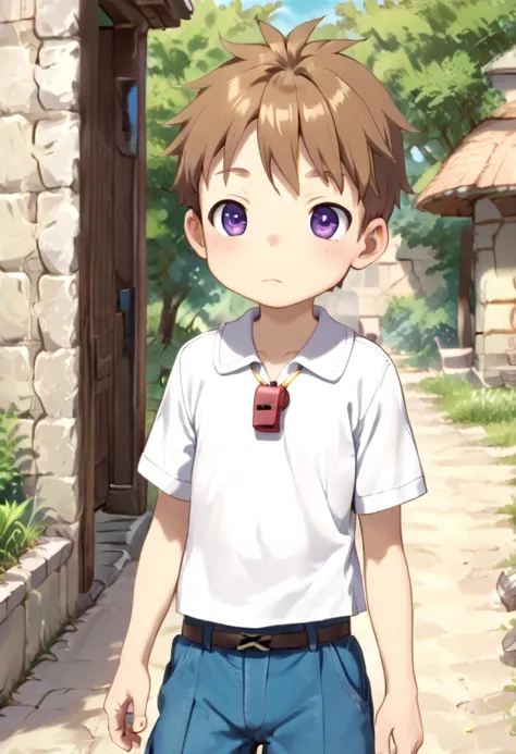 anime boy in white shirt and blue pants standing in front of a stone building