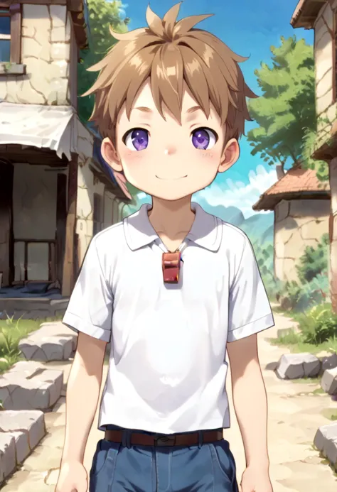 anime boy in white shirt and blue pants standing in front of a house