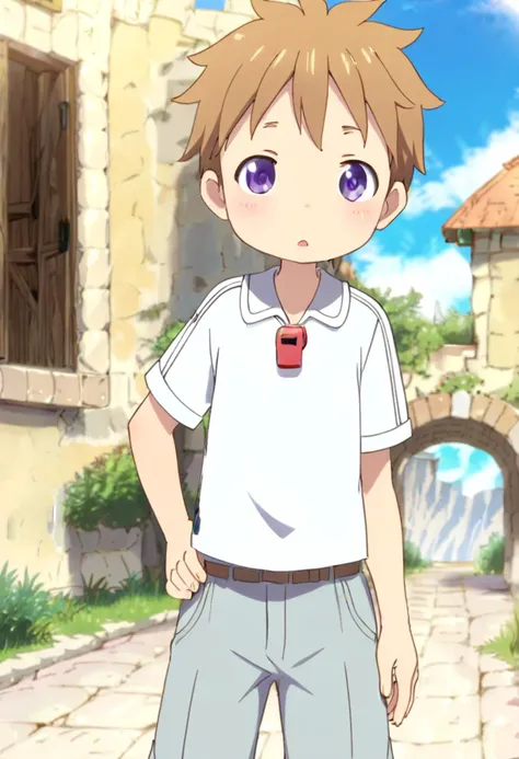 anime boy in white shirt and blue pants standing in front of a stone building