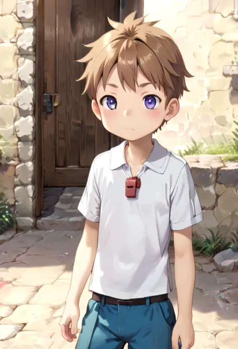 score_9, score_8_up, score_7_up, detailed eyes, BREAK
straight on shot, standing,
 <lora:natPony-000016:0.7>mia_nat, petite, aged down, child,
one boy standing in a stone village.
He has Brown hair and purple eyes.
He wears a red whistle as a pendand around his neck