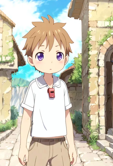 anime boy in white shirt and tan pants standing in front of a stone building