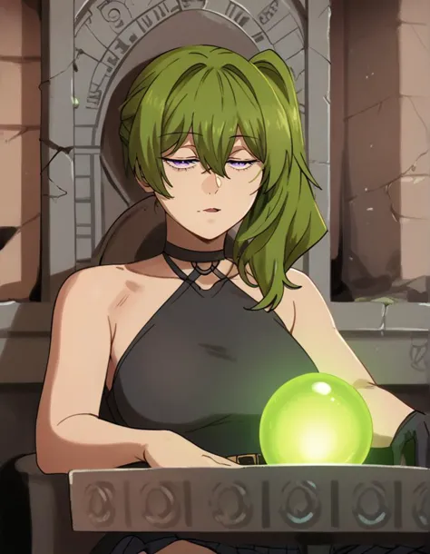 anime girl with green hair holding a green apple in front of a stone wall