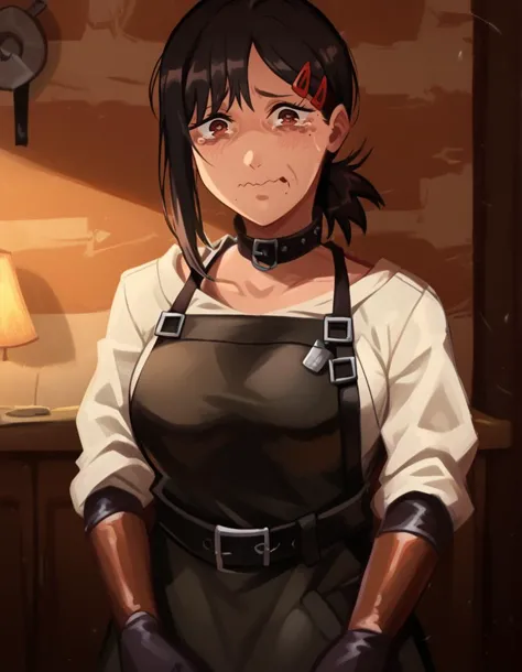 anime girl with black hair and apron standing in a kitchen