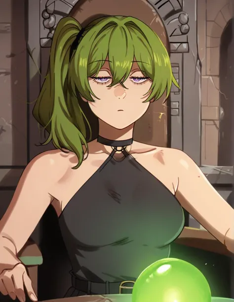 anime girl with green hair and green eyes sitting at a table