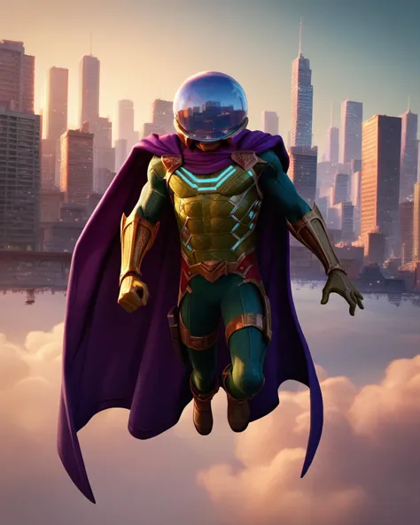 score_9, score_8_up, score_7_up, zPDXL, SVstyle, halftone, ben-day dots, chromatic aberration, <lora:Spider-Verse_Style:0.80> ,  1boy, cape, helmet, purple cape,gloves, green armor, gold trim, flying, city skyline, city background,<lora:AIPansen__Mysterio:0.90>