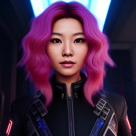 scifi, asian-american,wild hair colors,portrait, trading card, virtual,  futuristic, punk, victorian, rim lighting,redshift styl...