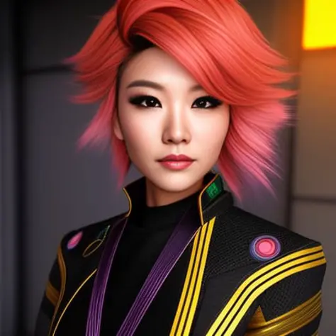 scifi, asian-american,wild hair colors,portrait, trading card, virtual,  futuristic, punk, victorian, rim lighting,redshift styl...