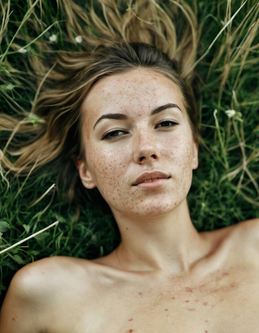 Arafed woman laying in the grass with freckles on her face - SeaArt AI