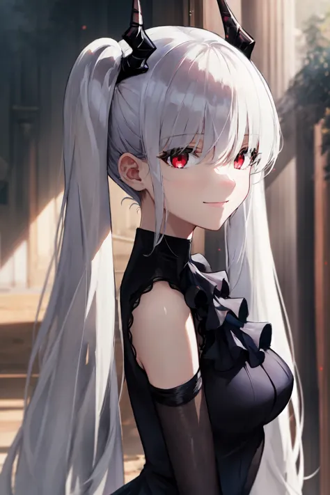 masterpiece, best quality, extremely detailed, detailed background, detailed face, 1girl, solo, WHITE HAIR, VERY LONG HAIR, TWINTAILS, BLACK HORNS, RED EYES, EYE VISIBLE BEHIND HAIR, BLACK DRESS, BLACK ASCOT, ASYMMETRICAL CLOTHES, SINGLE SLEEVE,  BREAK standing, facing viewer, light smile, looking at viewer, (close up:1.1), scenery, outdoors,  <lora:chainedSarkazGirl_v1:1>