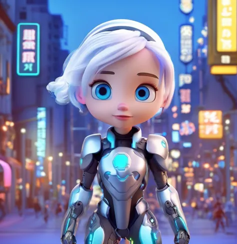 a close up of a robot girl in a city at night