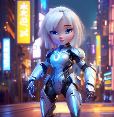 a close up of a robot girl in a city at night