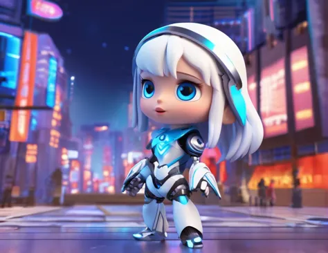 (best quality, masterpiece:1.6), 3d cartoon, cute cartoon,disney cartoon,(masterpiece, best quality),cyborg girl, white hair, long hair, bangs, headwear, cyber arm, neon armor, night city , beautiful eyes, blue eyes, light in eyes, cyber wings