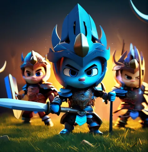 a group of cartoon characters in armor standing in a field