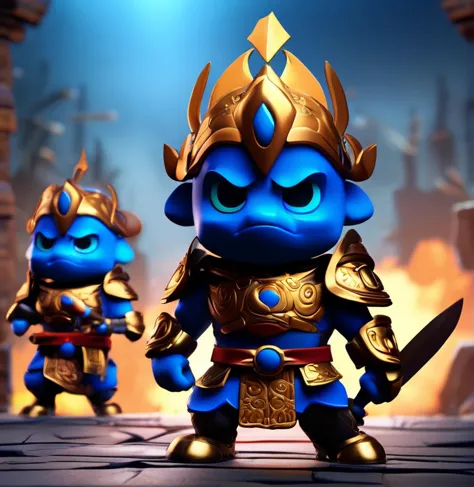 a blue and gold character in a blue outfit with a sword