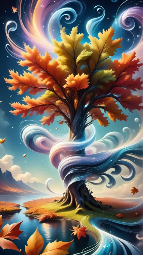 <lora:ElementWindPDXL:0.5>score_9, score_8_up, score_7_up, ElementWind a tree shedding its leaves in autumn, each leaf a differe...