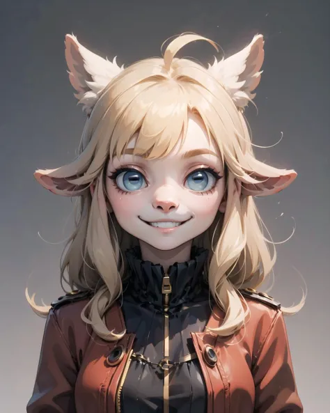 a woman with long blonde hair and blue eyes wearing a cat ears