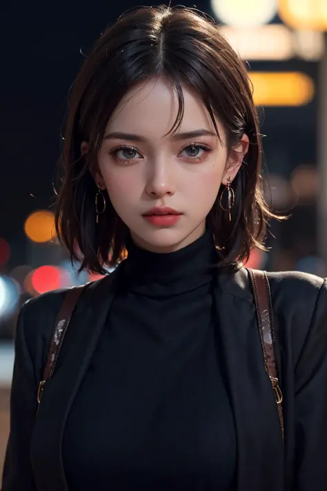photo of beautiful (n4t3mm:0.99), a woman as a movie star, turtleneck sweater, black jacket, (trousers), movie premiere gala, dark moody ambience (masterpiece:1.2) (photorealistic:1.2) (bokeh) (best quality) (detailed skin:1.2) (intricate details) (nightti...