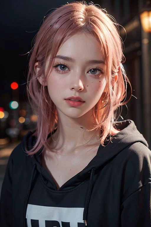 beautiful college girl, wearing hoodie, looking at viewer, pink hair, solo, tattoo on face, upper body, detailed background, town, alley, looking at viewer, portrait, (textured skin, skin pores:1.2), (moles:0.8), (imperfect skin:1.1), intricate details, goosebumps, flawless face, (light freckles:0.9),, ((photorealistic):1.1), (raw, 8k:1.2), hyper realistic, HDR, cinematic, dark, muted colors, slate atmosphere