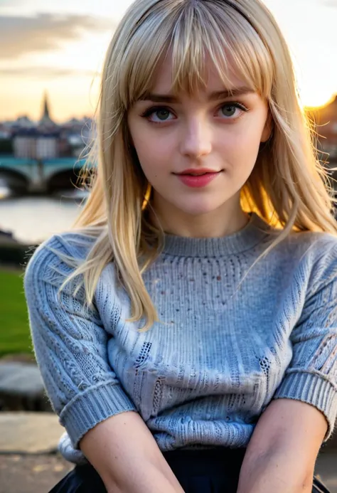 1girl,   Close-up, (beautiful girl, make up), (Age 25), (happy, light blonde hair,  lips, parted bangs, London, England, dusk:1....