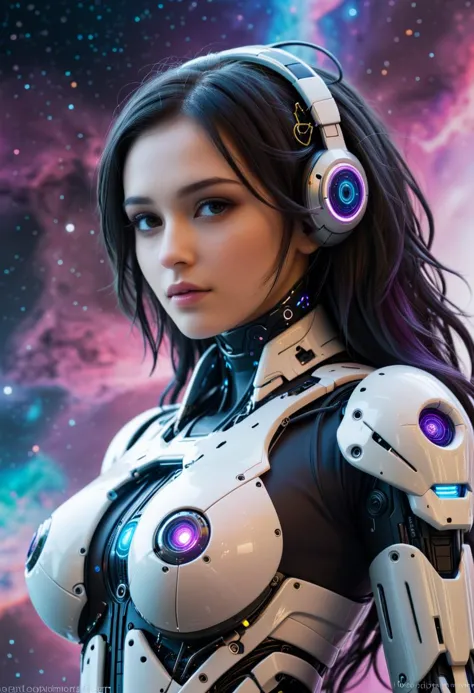an award winning photograph of a beautiful woman, halo, intricate cyberpunk robot, highly detailed, soft bokeh Deep space nebula...