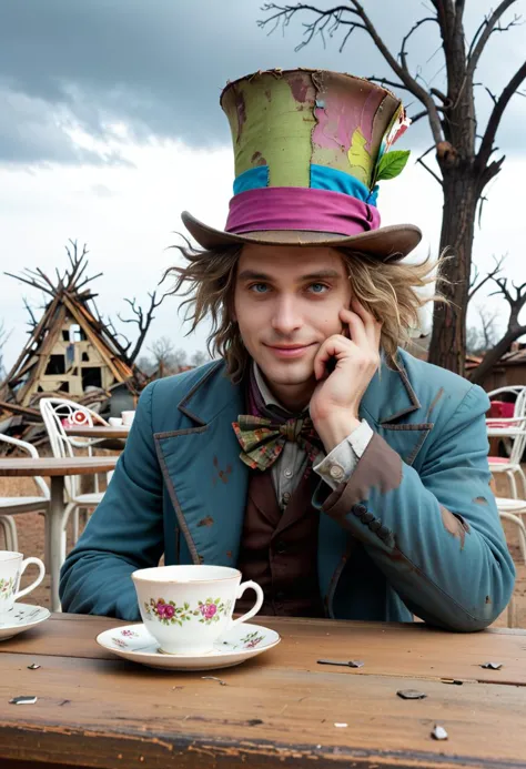 In this scene, the Mad Hatter from "Alice in Wonderland" is depicted in a state of disarray. His colorful, mismatched attire is ...