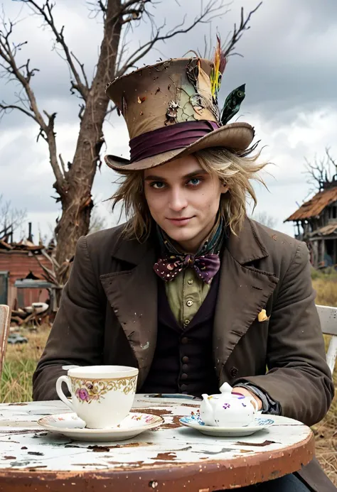 In this scene, the Mad Hatter from "Alice in Wonderland" is depicted in a state of disarray. His colorful, mismatched attire is ...