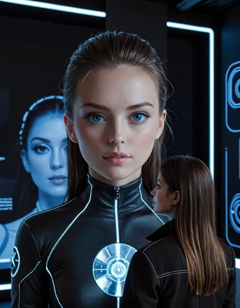A man stands observing a massive holographic projection of a woman's face and upper body in a futuristic setting. The hologram e...