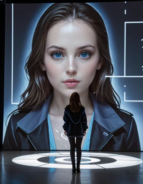 A man stands observing a massive holographic projection of a woman's face and upper body in a futuristic setting. The hologram e...