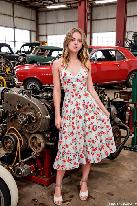 "Sydney Sweeney in a delicate, floral dress surrounded by the stark machinery of her car restoration hobby."