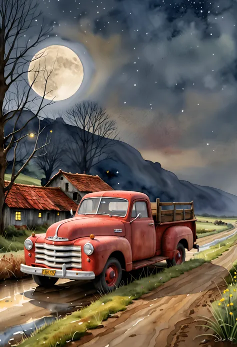 (watercolour landscape style:1.2), breathtaking shot of an abandoned rusty pickup truck at a magic lost highway at midnight, moo...
