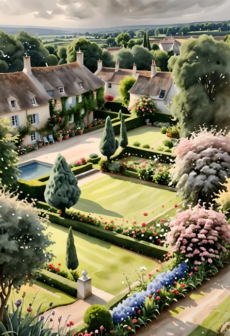 (watercolour landscape style:1.2), aerial photography of a magic french garden, soft, dreamy, moody, dusty, late afternoon atmos...