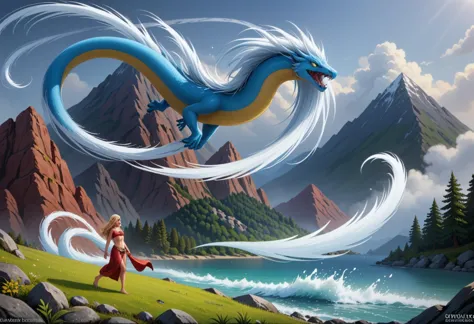 a close up of a person walking near a dragon flying over a lake