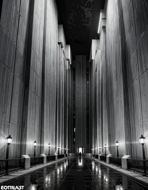 arafed view of a long hallway with a clock on the wall